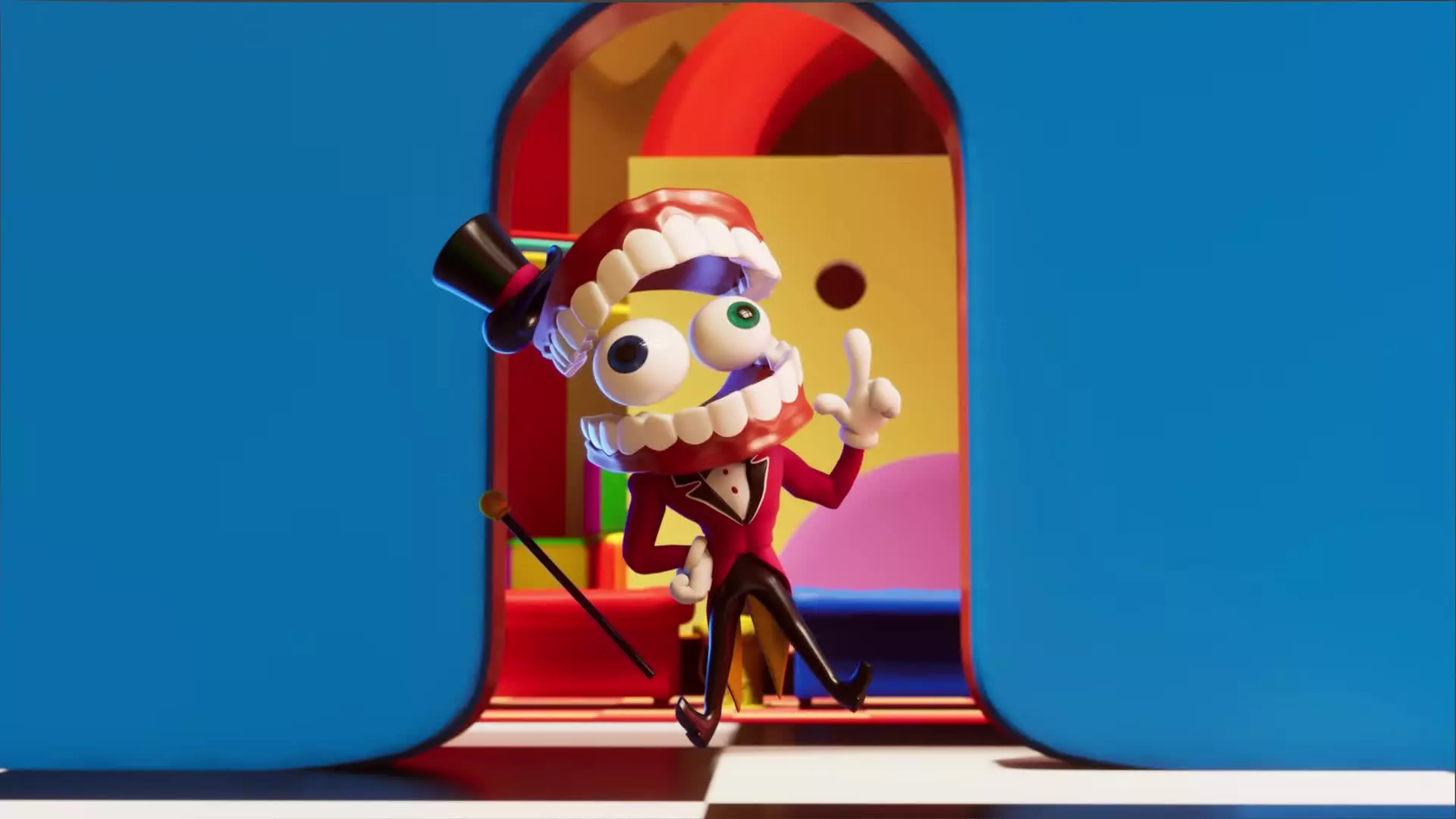 Caine from The Amazing Digital Circus, a grinning cartoon ringmaster in a tuxedo and top hat