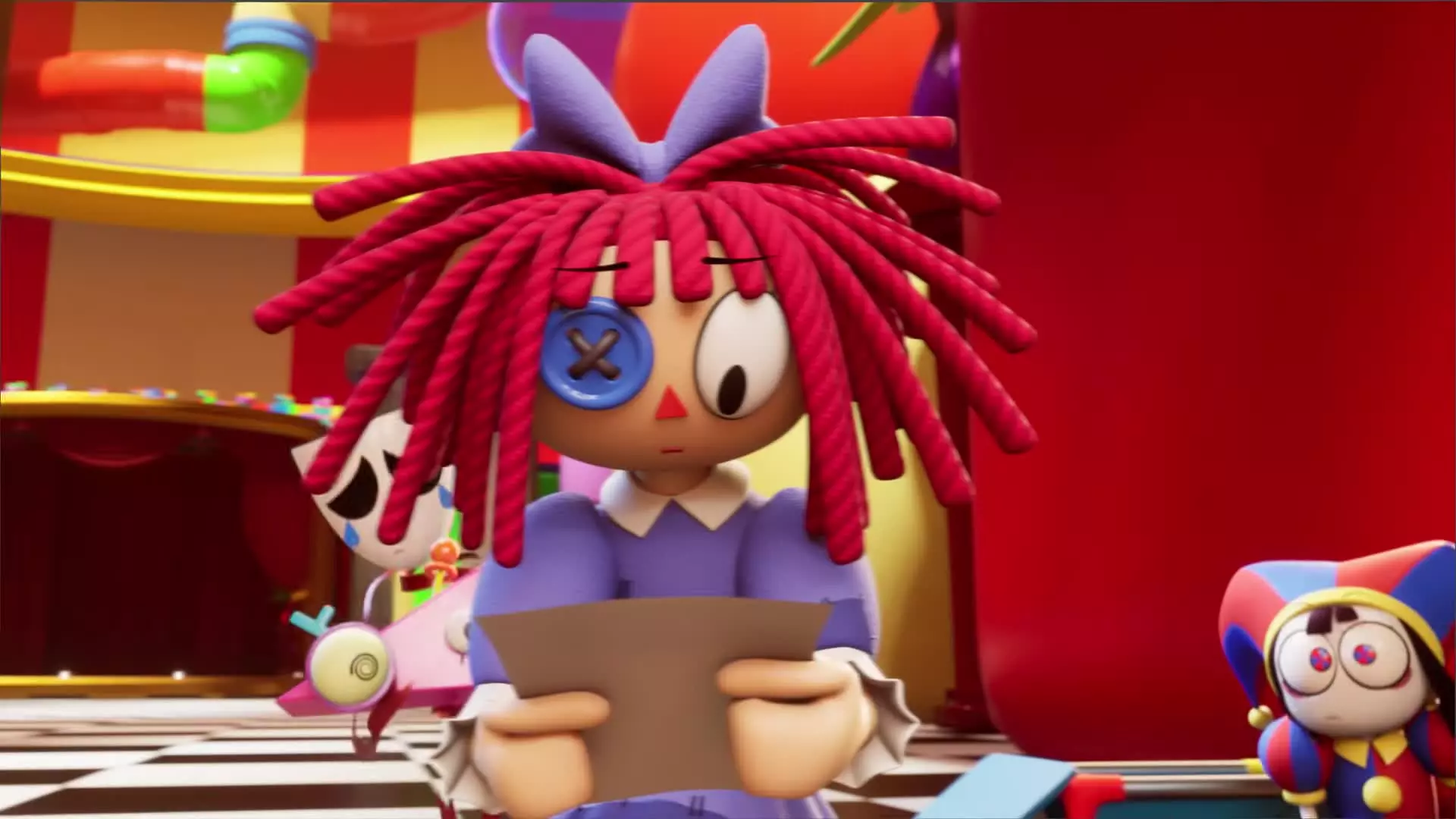 Ragatha from The Amazing Digital Circus, a cheerful ragdoll girl with button eyes and braided hair