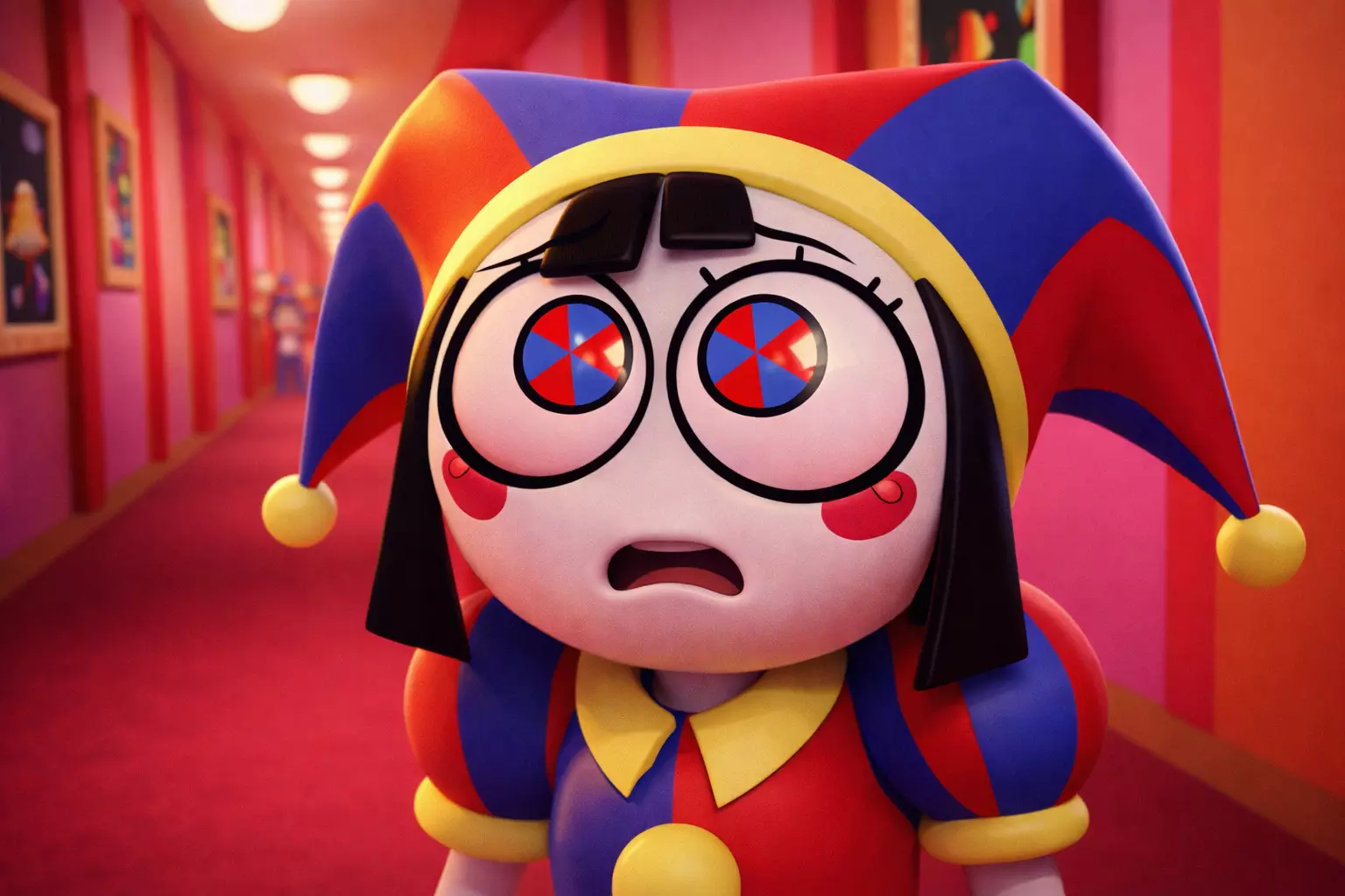 Pomni reacting in a hallway (placeholder)